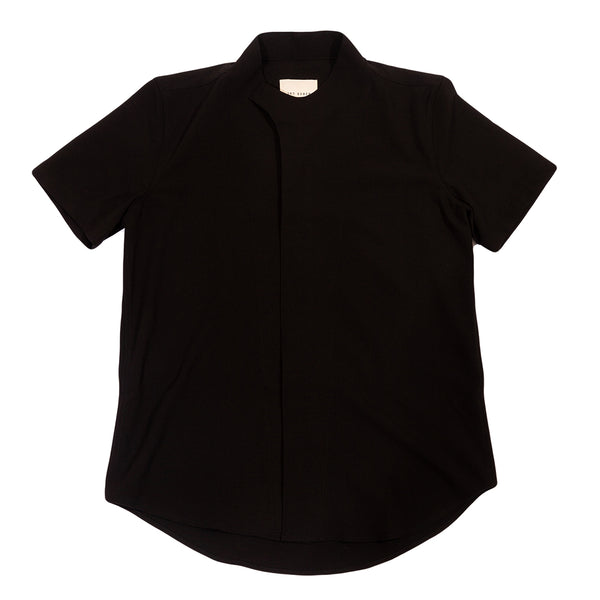 Black Overlap Collarless Shirt Shortsleeves