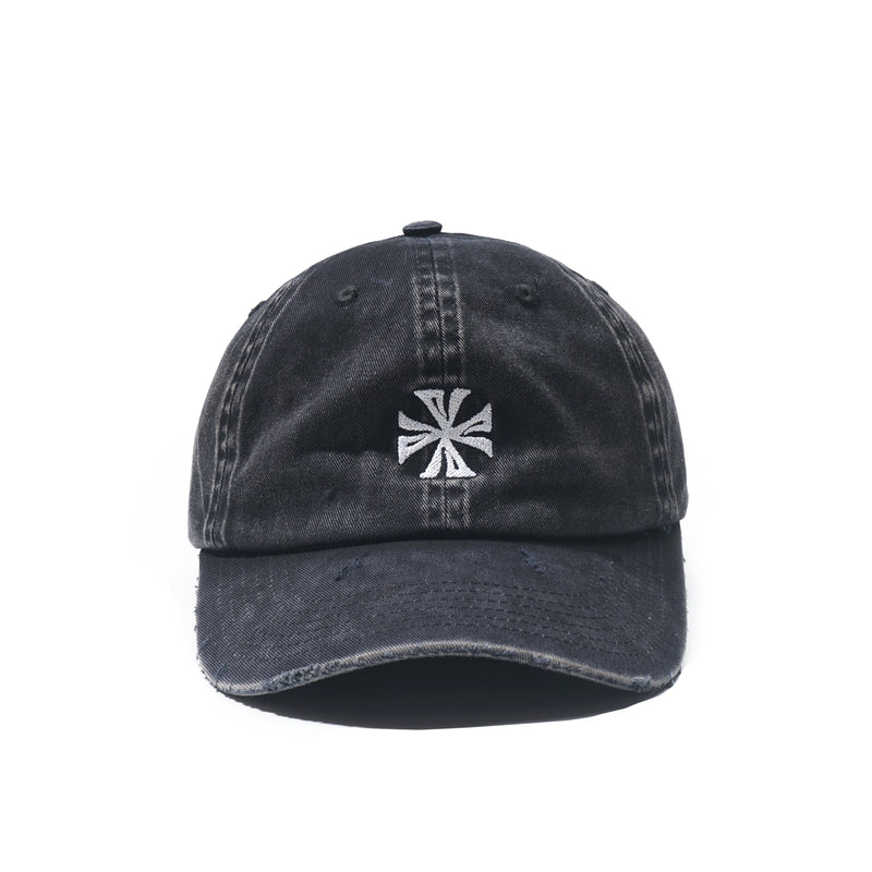 Cross Distressed Strapback Cap Washed Black