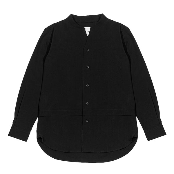 Black Collarless Long Sleeves Shirt Part 1 With Visible Buttons & Pleats