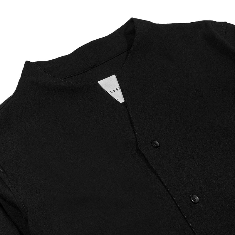 Black Collarless Long Sleeves Shirt Part 1 With Visible Buttons & Pleats