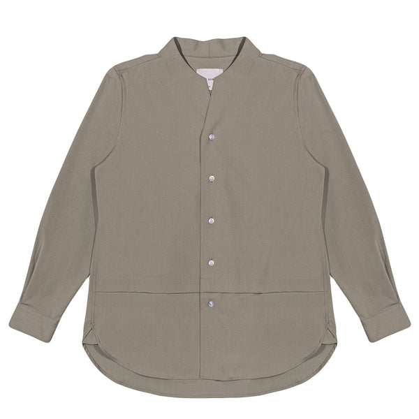 Olive Etoupe Collarless Long Sleeves Shirt Part 1 With Visible Buttons & Pleats