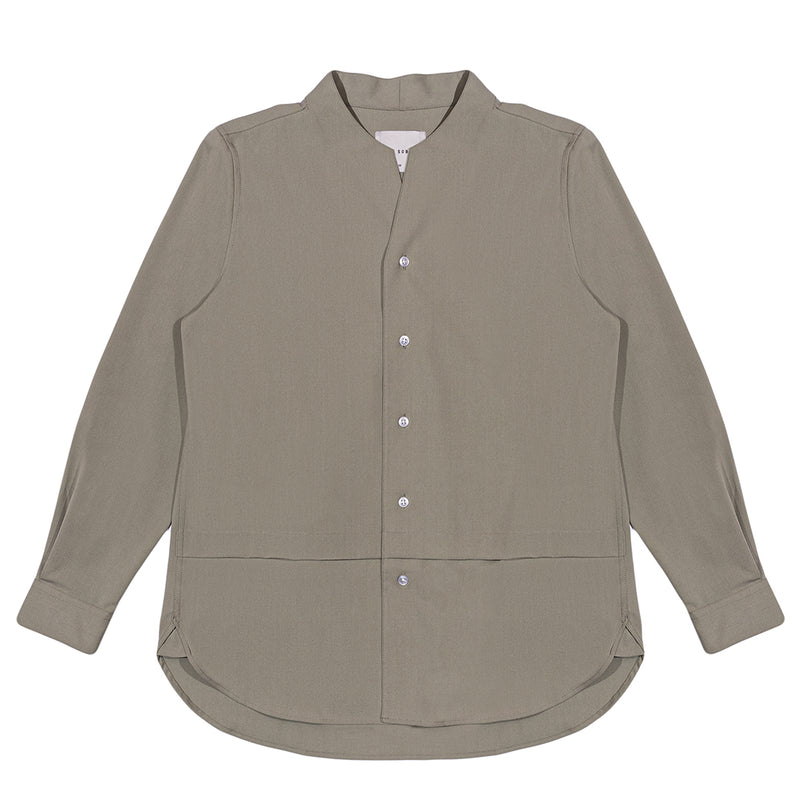 Olive Etoupe Collarless Long Sleeves Shirt Part 1 With Visible Buttons & Pleats