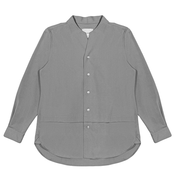Grey Collarless Long Sleeves Shirt Part 1 With Visible Buttons & Pleats