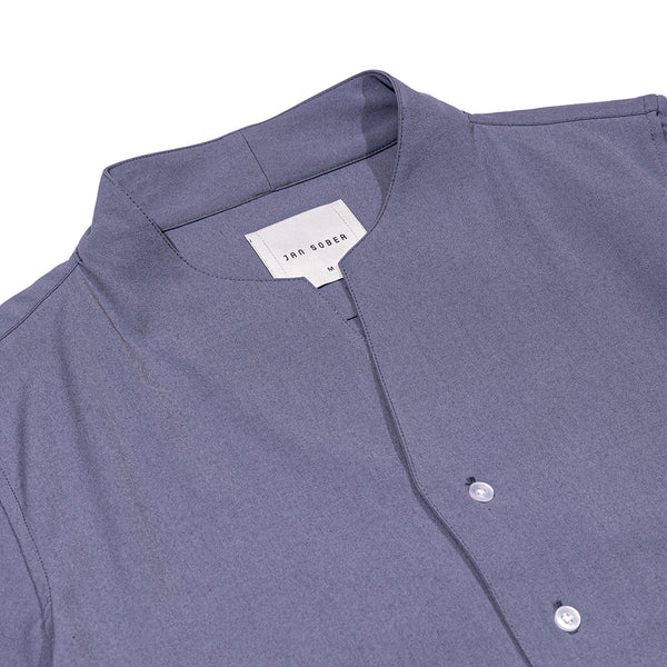 Dusty Blue Collarless Short Sleeves Shirt Part 1 With Visible Buttons & Pleats