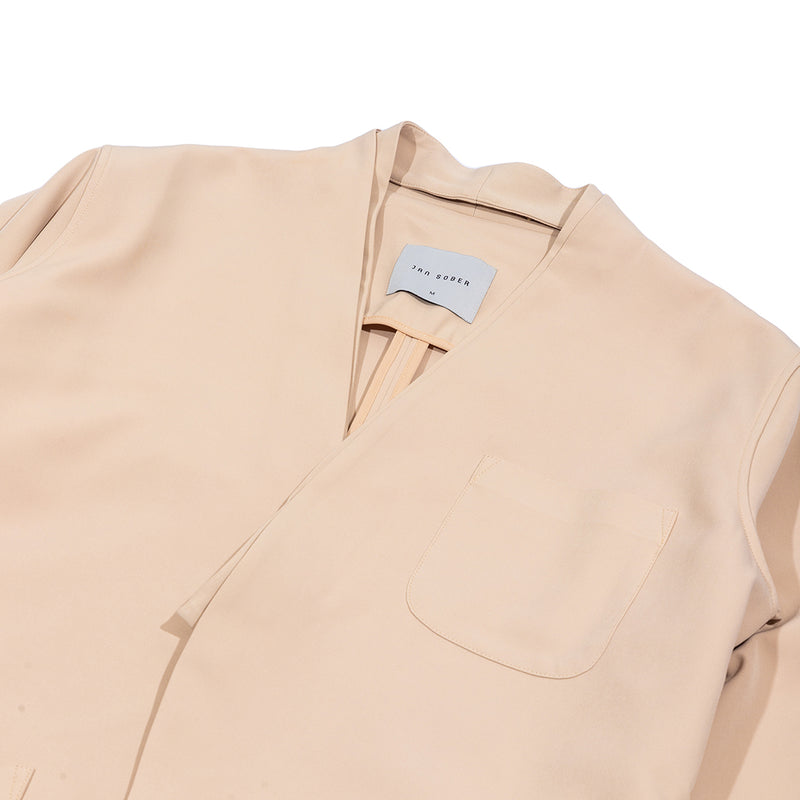 Beige Collarless Jacket With 3 Pockets