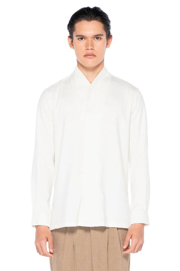 JS White Collarless Double Placket With Magnetic Buttons Longsleeves