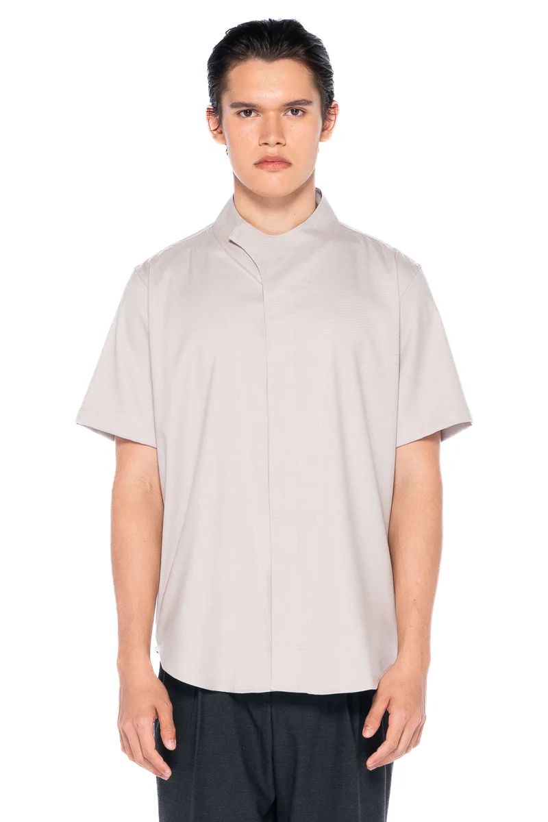 JS186 Beige Collarless Overlap Shortsleeves
