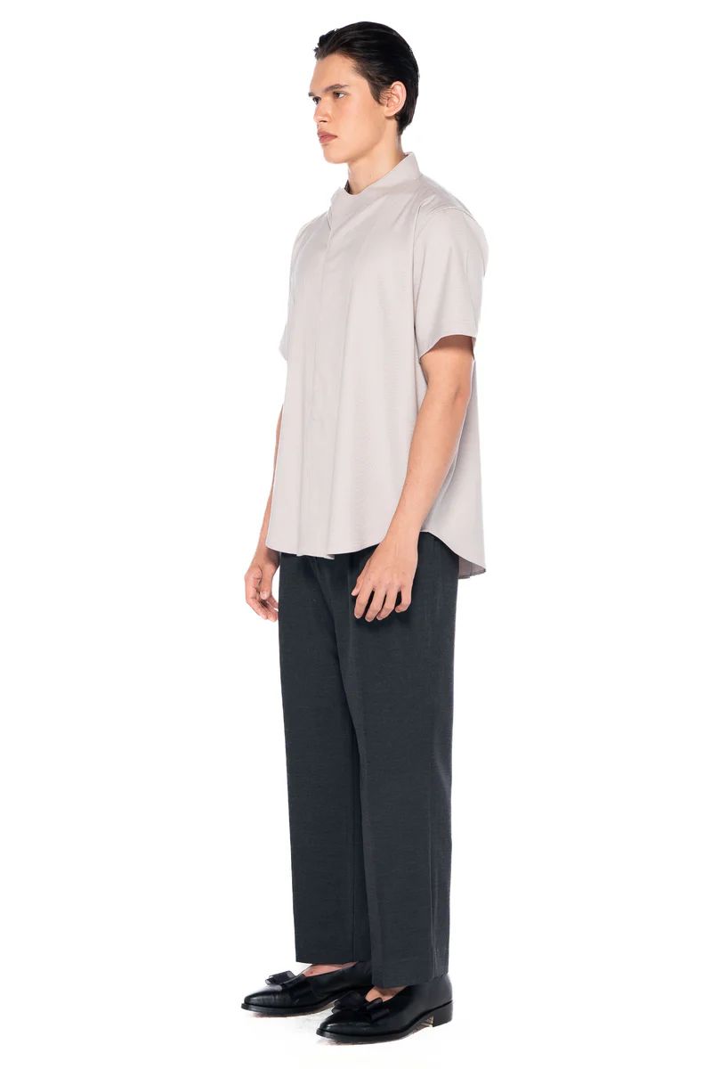JS186 Beige Collarless Overlap Shortsleeves