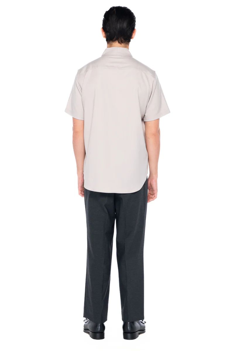 JS186 Beige Collarless Overlap Shortsleeves