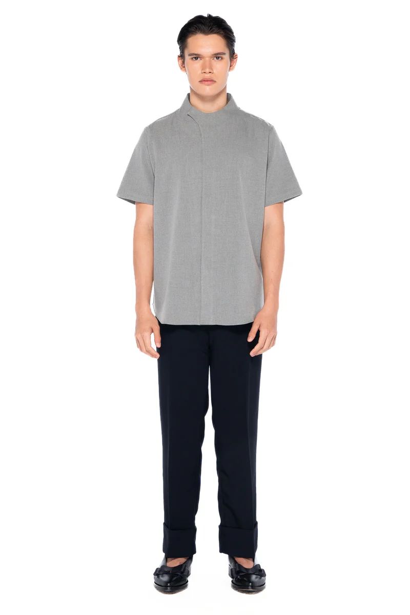 JS199 Light Grey Collarless Overlap Shortsleeves EF