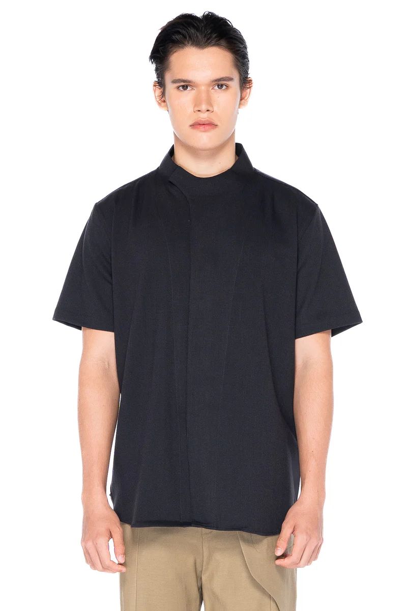 JS193 Charcoal Collarless Overlap Shortsleeves Shirt JS