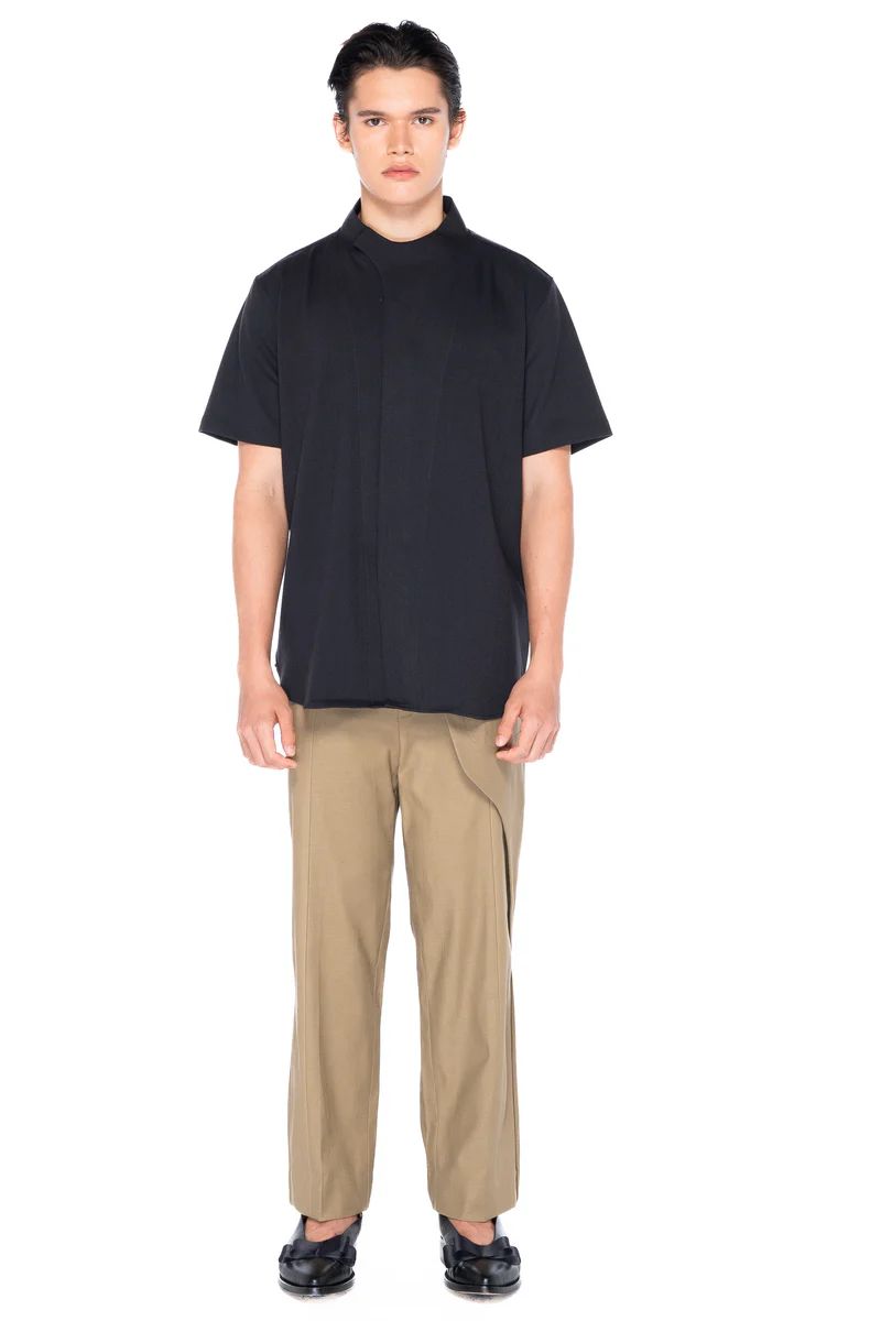 JS193 Charcoal Collarless Overlap Shortsleeves Shirt JS