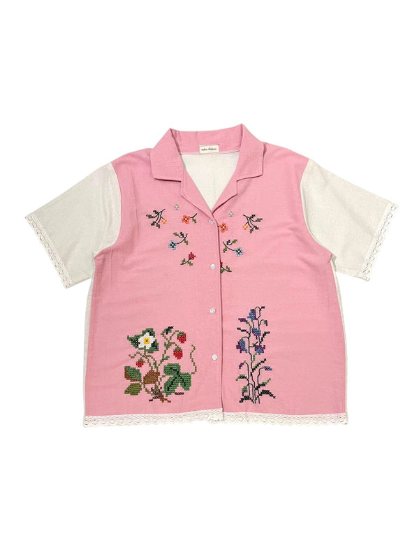 Peony Cross-stitch Shortsleeve Pink