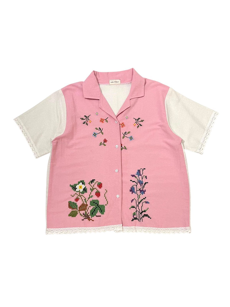 Peony Cross-stitch Shortsleeve Pink