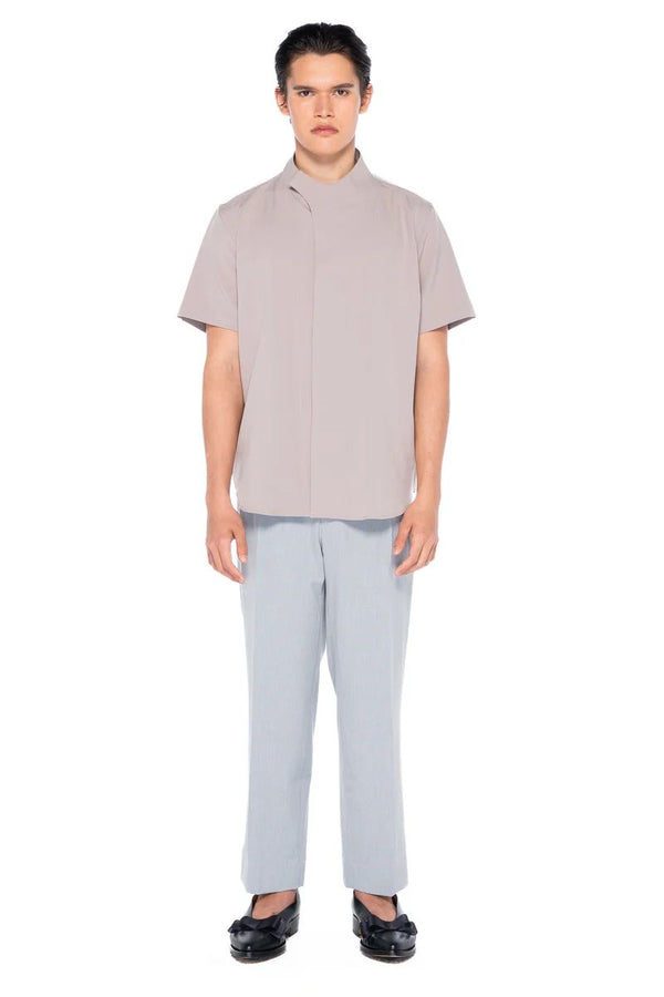 JS148 Khaki Twill Collarless Overlap Short Sleeves Shirt EF