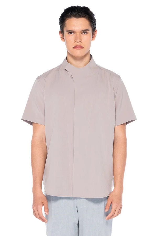 JS148 Khaki Twill Collarless Overlap Short Sleeves Shirt EF