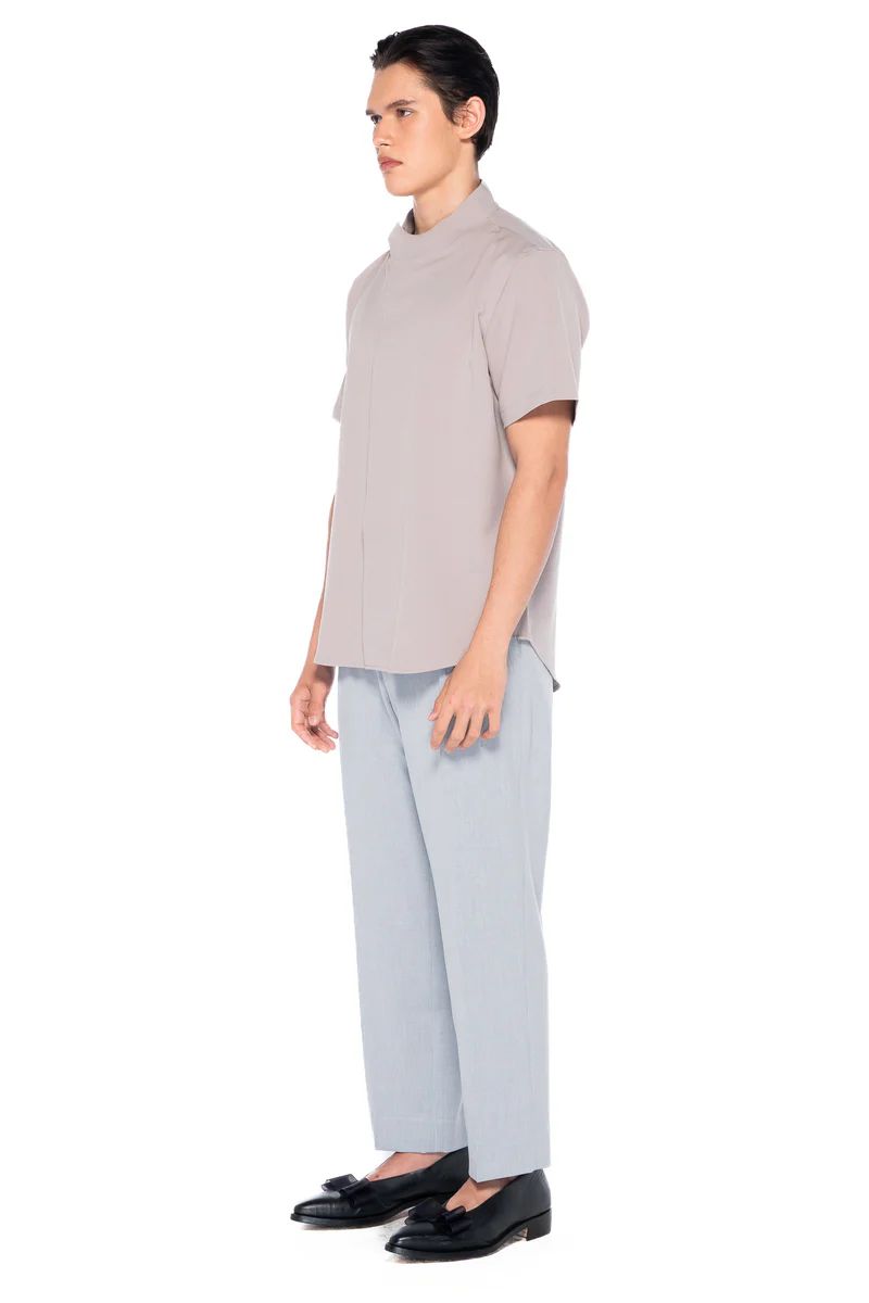JS148 Khaki Twill Collarless Overlap Short Sleeves Shirt EF