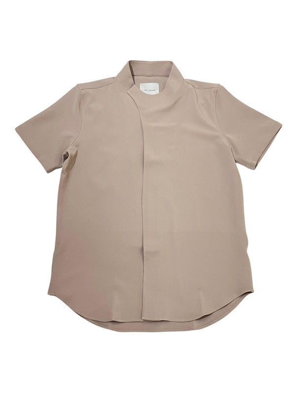 JS186 Beige Collarless Overlap Short Sleeves Shirt EF